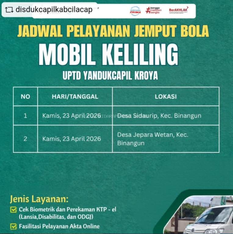 layanan jemput bola melalui mobil keliling Dinas Kependudukan dan Pencatatan Sipil (Disdukcapil) Kabupaten Cilacap
